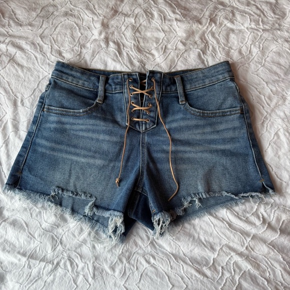 No Boundaries Blue Jean Shorts Cut-Off Style Lace up Bow - Picture 1 of 7